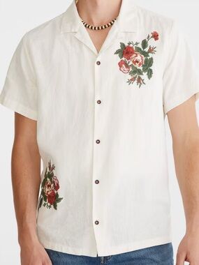 Aeropostale Linen Blend Embroidered Rose Shirt Cream Ivory Floral Mens Medium M